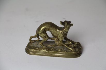 null B40 D’après Jules MOIGNIEZ (1835-1894) Levrette et lapin Bronze patine or Signé...