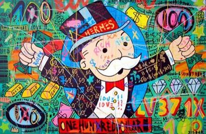 null JISBAR - Né en 1989 Happy 100$ Mr Monopoly Acrylique, bombe, huile, pastel,...