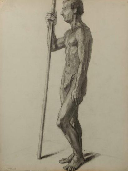 null 207 Gaston COPPENS (1909-?) Académies d’homme Quatre dessins au fusain sur papier...