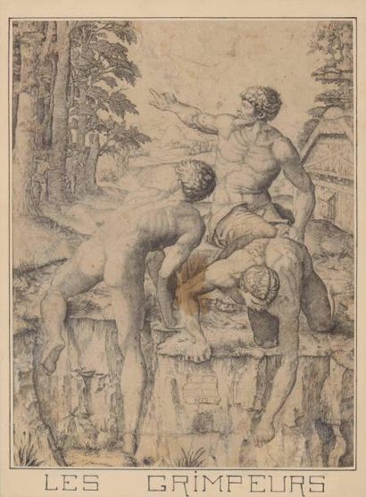 null 49 Gravure du XVIIIème siècle Les grimpeurs 27 x 21cm. (Tâches). 