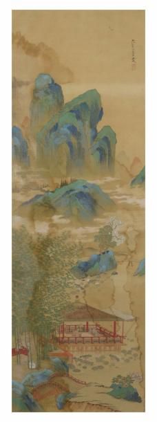null JAPON - XIXe siècle Encre et couleurs sur soie en hauteur à décor de lettrés...