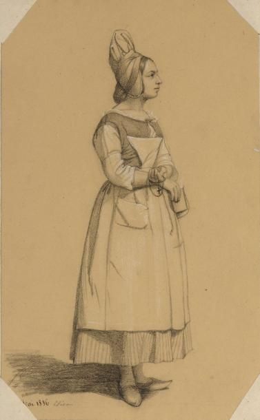 null Madame MEURICE, née Palmire Granger (1819-1874) Femme au chapeau Dessin au fusain....