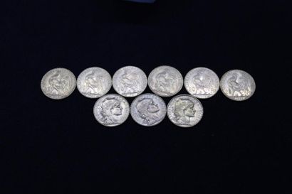 null Neuf pièces de 20 francs or (1906 - 1907 - 1909 - 1910 - 1913).