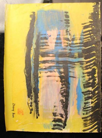 ZHANG HUA (1898-1970) 
Composition sur fond jaune
Gouache et aquarelle sur papier,...