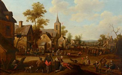 Just Cornelisz DROOGSLOOT (Utrecht, 1586 - 1666) 
Scène de rue de village derrière...
