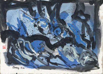 ZHANG HUA (1898-1970) 
Composition noir et bleu
Technique mixte sur papier, signée...