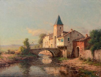 Pierre Jacques Pelletier (1869-1931) 
Paysage au pont
Huile sur toile, signée en...