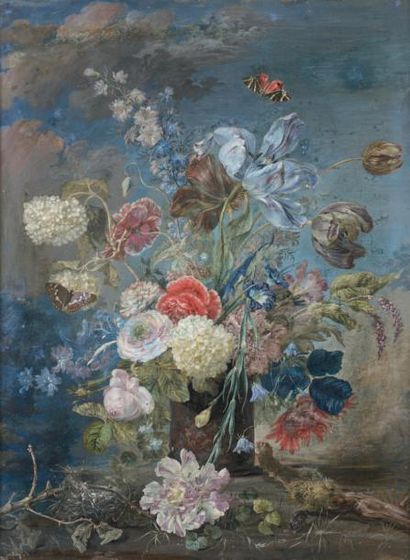École du XIXe siècle 
Bouquet de fleurs sur un entablement
Gouache et aquarelle.
Manques.
A...