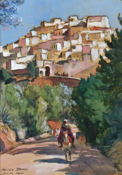 Mattéo BRONDY (1866-1944) 
Moulay Idriss
Aquarelle, signée en bas à gauche.
27 x...