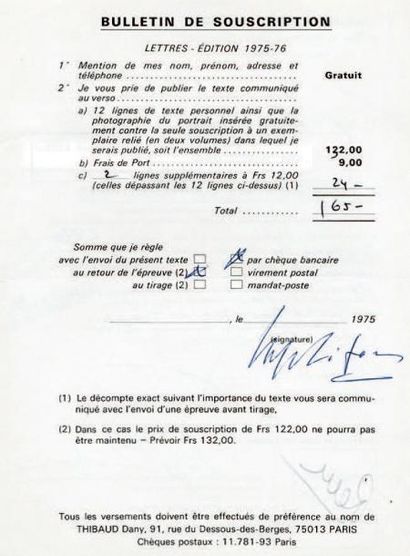 LIFAR, Serge Fiche de renseignements de l'Annuaire national des Lettres autographe...