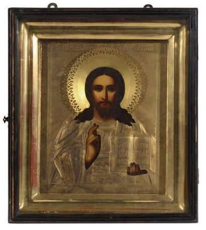 null Icône représentant le Christ Pantocrator
Tempera sur bois, conservée sous une...
