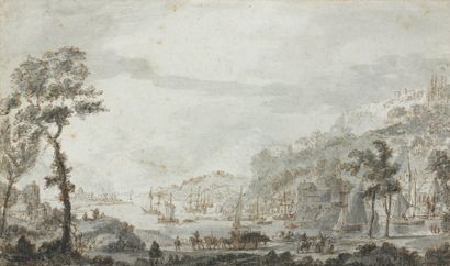 Ecole hollandaise du XVIIIe siècle Convoi de voyageurs en bord de mer Plume et encre...