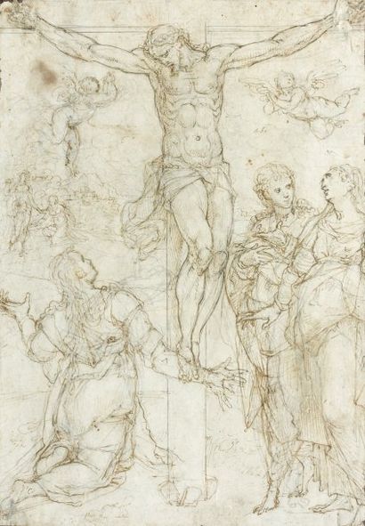 Ecole italienne du XVIIe siècle La crucifixion Plume et encre brune sur traits à...