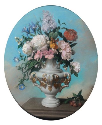 Théodore FANTIN LATOUR (1805-1872) Vase fleuri Pastel à vue ovale, signé en bas à...