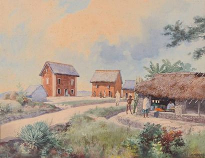 null Emile RALAMBO (1879-1963) - Village africain - Paire d'aquarelles sur papier...
