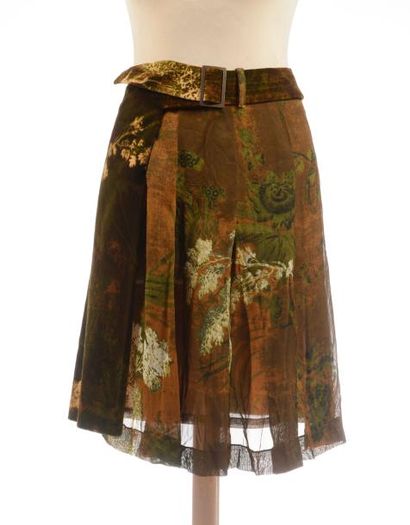 null KENZO Paris : jupe en coton à plis à décor de fleurs sur fond ocre. T. 42 Un...