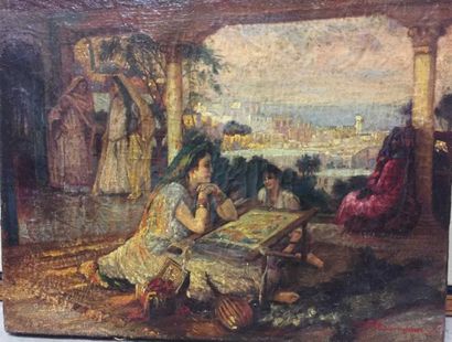 null Ecole orientaliste du XIXe siècle Femmes sur une terrasse Porte une signature...