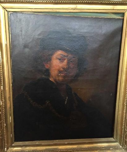 null Ecole du XIXe siècle Autoportrait d'aprés Rembrandt van Rijn Huile sur toile...