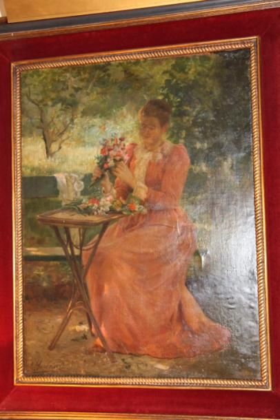 null Emma HERLAND (1856-1947) Femme composant un bouquet de fleurs Huile sur toile...