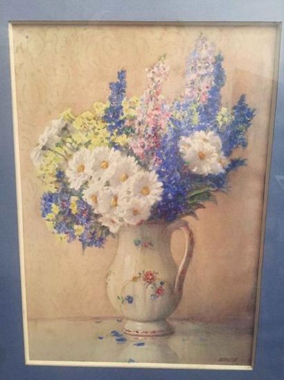 null ROSENSTOCK 1880 - 1956 Bouquet de fleurs dans un pichet de faïence Aquarelle...