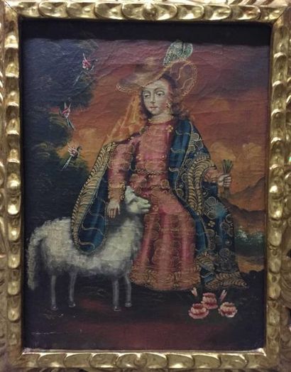 null Ecole de Cuzco Sainte avec un mouton Huile sur toile$ 37x28cm