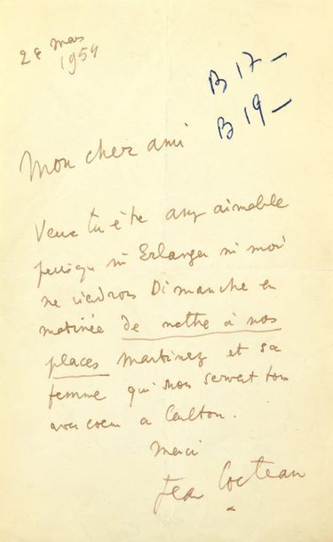 null COCTEAU Jean. Lettre autographe signée à un proche qu’il tutoie. [Cannes], 29...