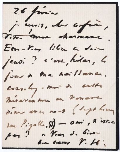  HUGO Victor. Lettre autographe signée V.H. à William Busnach. Paris, 26 février...