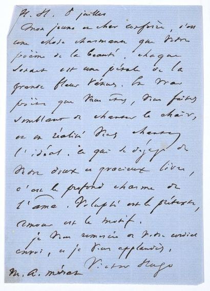 null HUGO Victor. Lettre autographe signée à Albert Mérat. Hauteville House, 8 juillet...