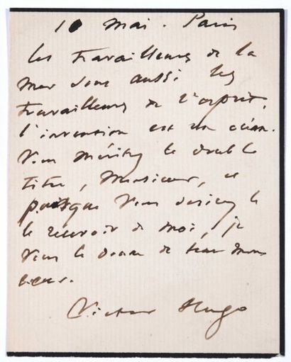null HUGO Victor. Billet autographe signé. Paris, 10 mai ; une page in-16, papier...