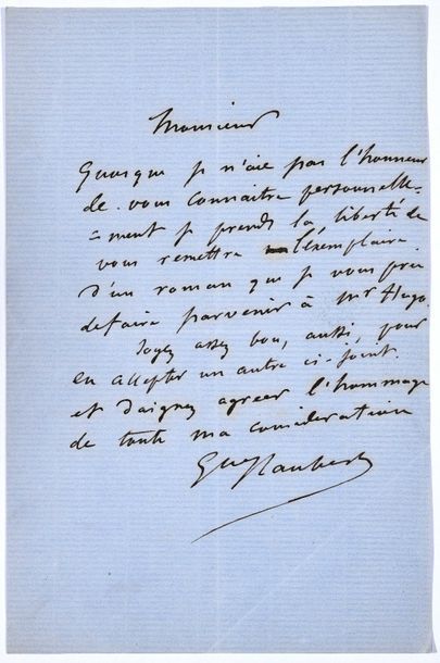 null FLAUBERT Gustave. Lettre autographe signée à Paul Meurice. 1857 ; 1 p. in-8...