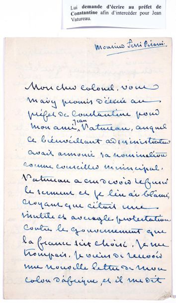 null SAND George. Lettre autographe signée au colonel Camille Ferri- Pisani. Nohant,...