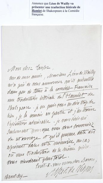 null VIGNY Alfred de. Lettre autographe signée au baron Justin Taylor, administrateur...