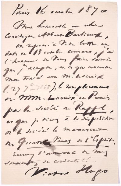  HUGO Victor. Lettre autographe signée à Albert Barbieux. Paris, 16 octobre 1870...