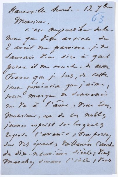 null HUGO Victor. Lettre autographe signée à Gustave Peaucellier. Hauteville House,...