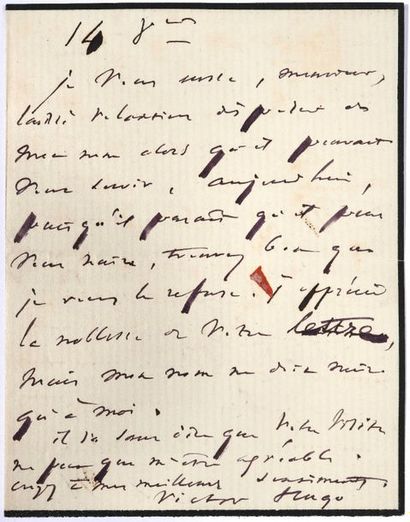  HUGO Victor. Lettre autographe signée à Aman Signal. Paris, 14 octobre (1849 ?)...