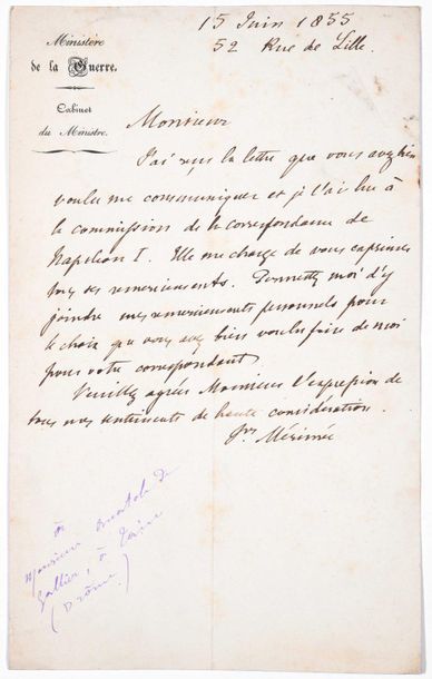 null MÉRIMÉE Prosper. Lettre autographe signée (à Anatole de Gallier, à Tain l’Hermitage...