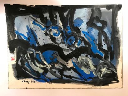 null ZHANG HUA (1898-1970) Composition noir et bleu Technique mixte sur papier, signée...