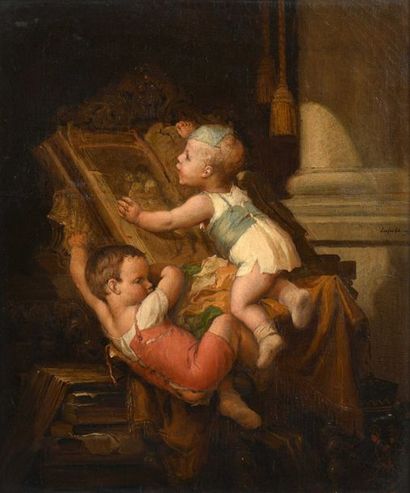null François-Louis LANFANT DE METZ (1814-1892) Deux enfants lisant un grand livre...
