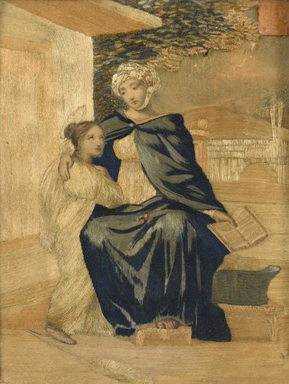 null L’éducation de la Vierge Soie brodée. XVIIIe siècle. 26 x 20 cm
