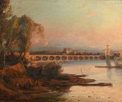 null Ecole du XIXe siècle Paysage à l’aqueduc Huile sur toile. 55 x 46 cm