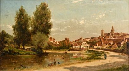 null Auguste ALLONGE (1833-1898) Vue d’une ville au bord de l’eau, 1879 Huile sur...