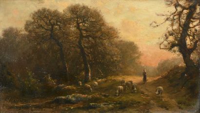 null Jean-Ferdinand CHAIGNEAU (1830-1906) Bergère et un troupeau dans un sous-bois...