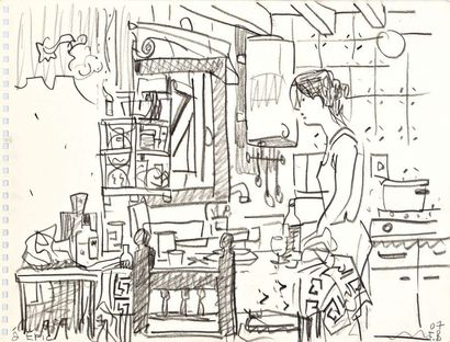 null François BOISROND (1958) Intérieur d’une cuisine avec jeune femme. Dessin à...