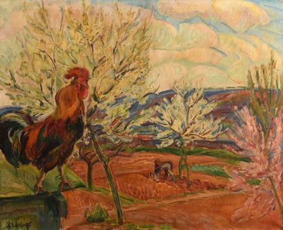 null Nicolas TARKHOFF (1871-1930) Coq au printemps Huile sur toile, signée en bas...