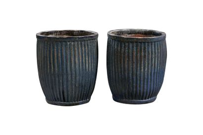null Deux pots cannelés bleus Céramique H 60 x L 50 x l 50 cm