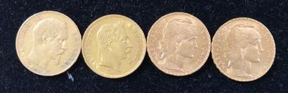 null Quatre pièces de 20 Francs or :
Napoléon III tête couronnée 1863 - Napoléon...