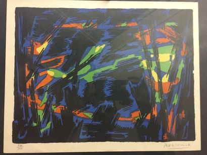 null Jean BERTHOLLE Composition abstraite bleu Lithographie N°288/300 32x24cm