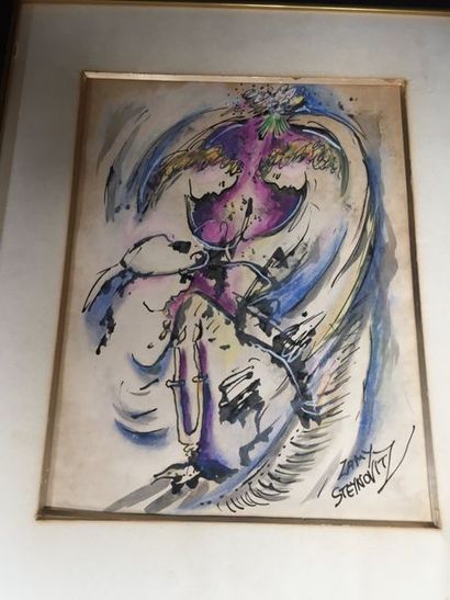 null Zamy STEYNOVITZ (1951-2000) Couple sous un bouquet Aquarelle signée en bas à...