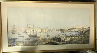 null Le Port de Marseille Encre et aquarelle sur papier 55 x 126 cm