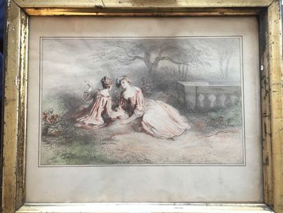 null École française du XIXe siècle Scène galante, 1841 Crayon Conté, fusain et aquarelle....